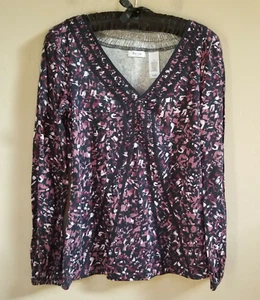 Liz & Co Women Small Petite Printed Smocked V-Neck Long Sleeve Top Blouse Casual - Picture 1 of 5