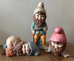 Vintage 80’ Ceramic Garden Gnomes Leprechaun Dwarf Shelf Sitter Friends Lot of 3 - Picture 1 of 14