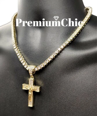 Collar colgante cruz Jesús ICED con cuerda o cadena de tenis para hombre enchapado circonita cúbica joyería Foto 1 de 4