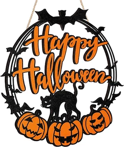 Black Cat Pumpkin Hanging Sign Happy Halloween Front Door Welcome Sign Wall Deco - Picture 1 of 12