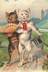 1906 Scenic Victorian Anthropomorphic Courting Cats Hand Fan Top Hat Postcard - Picture 1 of 3