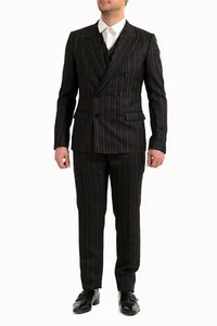 Dolce & Gabbana Men's Black 100% Wool Striped Double Breasted Three Piece Suit - Picture 1 of 15