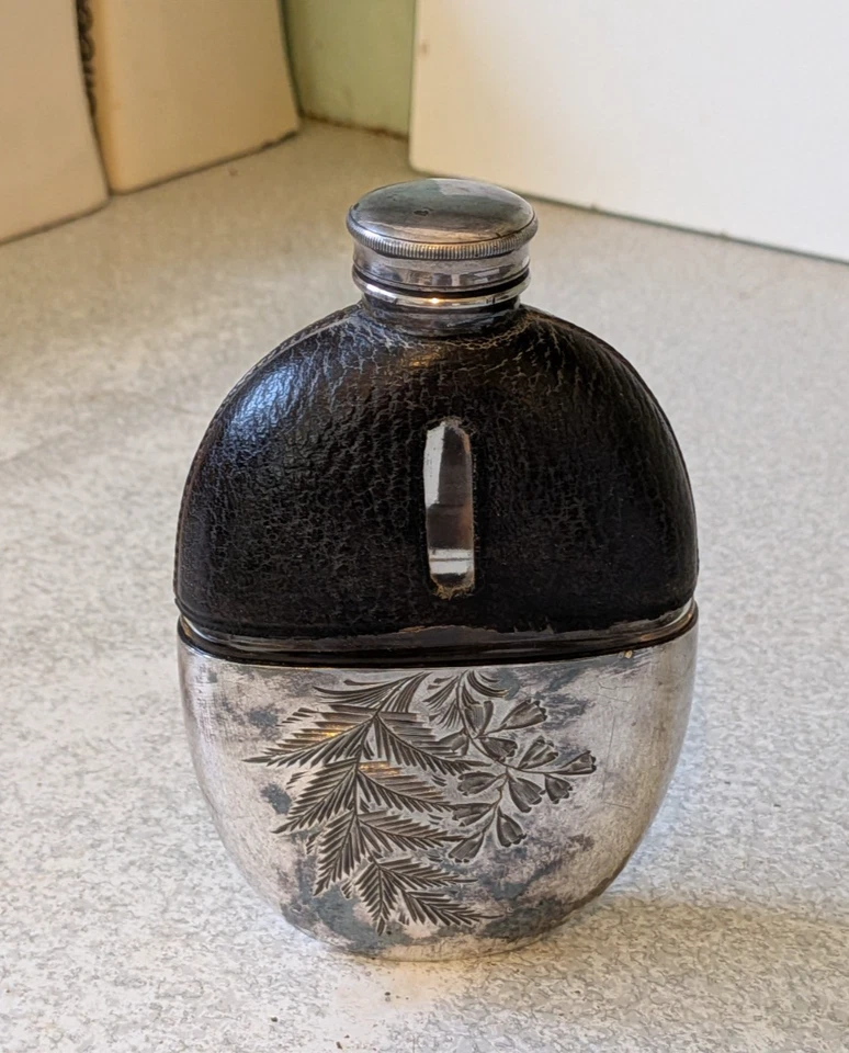 VINTAGE SILVER PLATED AND GLASS HIP FLASK - MAKER JAMES DIXON -  5 1/2 INCH TALL - Image 1 of 4