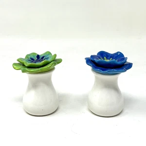 Grasslands Road Flower Salt And Pepper Shaker Set Porcelain Green Blue Kitschy - Picture 1 of 5