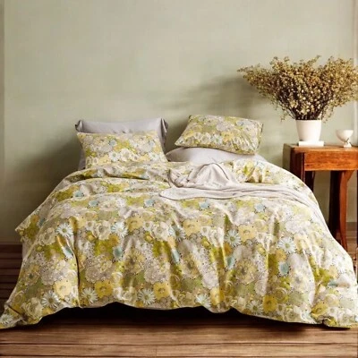 NUEVO Juego de edredón y estuche falso de algodón boho king de lujo floral verde y amarillo Foto 1 de 4