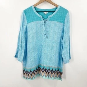 J. Jill Aegean Tunic Beach Top Size Medium 100% Rayon Blue Mixed Pattern - Picture 1 of 9