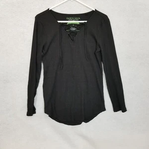 EARTH YOGA Organic Cotton Ribbed Long Sleeve Curved Hem Lace Up Top Black M - Picture 1 of 6