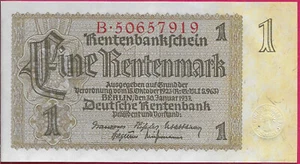 GERMANY WEIMAR 1 RENTENMARK 1937 OLIVE,YELLOW STRIPE AT RIGHT,LARGE AMD SMALL si - Picture 1 of 2
