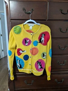 Vintage Susan Bristol 2001 Yellow Dog Cardigan Size Large Petite  - Picture 1 of 13