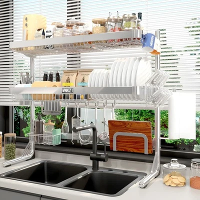 Rack de secagem de louça VNKZI, 3 camadas ajuste de armazenamento de aço inoxidável completo... - Imagem 1 de 4