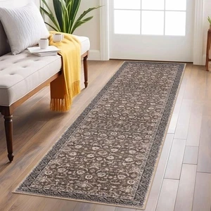 Vintage Floral 2x6 Runner Rug, Mocha Brown Washable Kitchen Runner Rug Non-Sl... - Picture 1 of 9