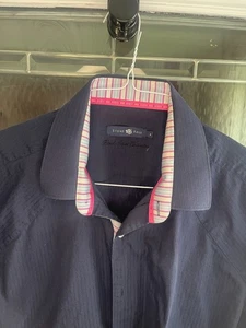 Stone Rose Mens Shirt Flip Cuff Navy Blue Textured Stripe Button Up Mens Sz L - Picture 1 of 7