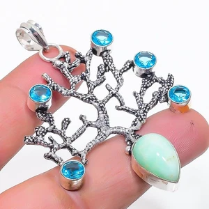 Natural Chrysoprase, Topaz 925 Sterling Silver Jewelry Pendant 2.64" A995 - Picture 1 of 6