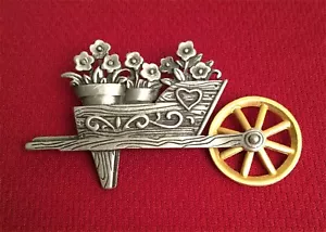 JJ Jonette Jewelry Signed Pewter Articulating Wheelbarrow & Flowers Brooch Pin - Picture 1 of 2