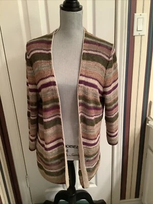 Cárdigan abierto Coldwater Creek L 14 mezcla de lino rayas tejidas punto metálico Foto 1 de 4