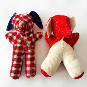 Vintage Hand Sewn Corduroy Elephant Plush Red Blue & Cream Pattern Set of 2 - Picture 1 of 3