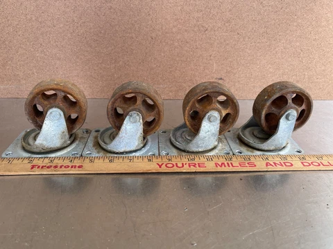 Lot of 4 Vintage Bassick Plate Casters - 3" X 1"  wheels - Cast Iron Industrial Cover