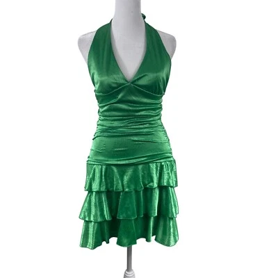 Ruby Rox 80s Green Babydoll Halter Dress Sz S Ruffled Ruched Open Back Coquette - Image 1 of 4