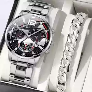 2pz Orologio Lusso Uomo Quarzo Argento Con Bracciale Acciaio Inox Uomo - Foto 1 di 6