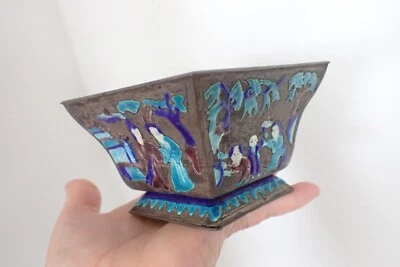 Антикварная китайская эмалированная медная эмалированная квадратная чаша с синей подкладкой семейная история - Изображение 1 из 4