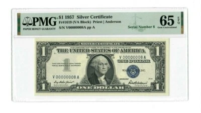 $1 SILVER CERTIFICATE NOTE  1957  # 00000008  PMG-65 GEM UNCIRCULATED LOW S/N #8 - Image 1 of 2