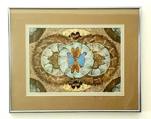 Blue Imperial Moth Monarch Butterfly Wings Vintage Intricate Frame Art Collage - Picture 1 of 9