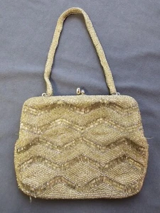 VINTAGE WALBORG MICROBEAD clutch PURSE gold handmade in Korea - Picture 1 of 8