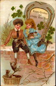 Antique Christmas New Year Postcard. 1907 Children Kittens Old Posted Embossed - Picture 1 of 2
