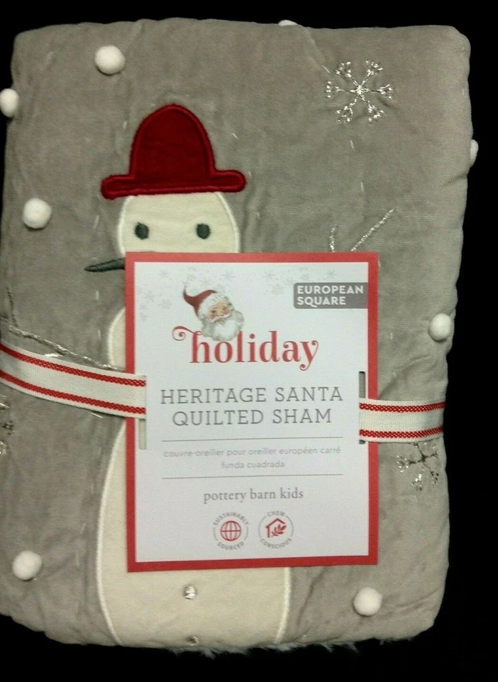 Pottery Barn Kids Heritage Santa Euro Sham Christmas Holiday Quilted Snowman
