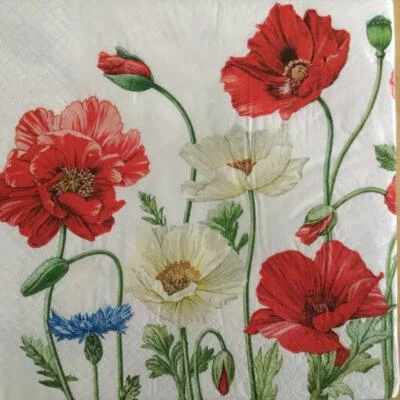 PAPER NAPKINS / SERVIETTES PACK OF 20 POPPIES RED CREAM & BLUE COLOURS   3PLY - image 1 of 2