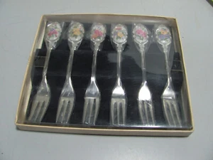 Vintage Porcelain Tipped Floral Design Stainless Desert Forks Original Box New - Bild 1 von 7