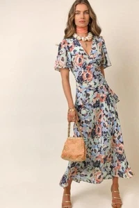RIXO Evie Floral Blush Poppies Silk Midi Tie Back Dress Size XXL UK 18 - Picture 1 of 8