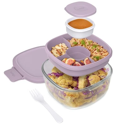 Glass All-in-One Salad Container - Large 61-oz Salad Bowl with Lid, 4-Compart... - Image 1 of 4