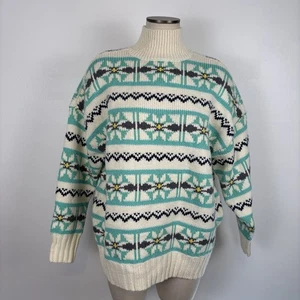 American Eagle Fair Isle Oversized Chunky Knit Mock Neck Sweater Mint 90s Small - Picture 1 of 7