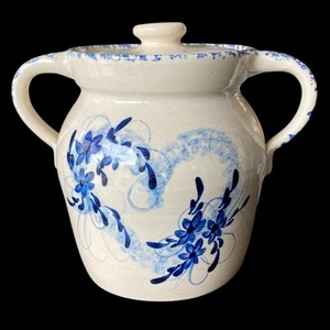 VTG Stoneware Pot Crock Cookie Jar Storage Canister Hand Painted Blue White Sign - Picture 1 of 12