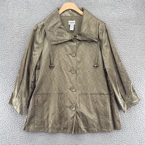 Chicos Jacket Womens 1 US Medium Gold Shimmer Satin Button Up Pockets Pleated - Picture 1 of 11