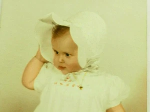 A Little Angel Baby Girl with Cap hand Colored Tinted 3.5 x 4.5" circa 1950 - Picture 1 of 6