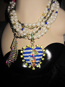 BETSEY JOHNSON SHIP SHAPE LARGE HEART WITH PINUP GIRL AND FAUX PEARLS 