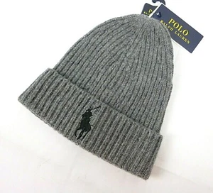 NWT Polo Ralph Lauren Men's Beanie Wool Blend Gray With Navy Big Pony Size Small - Picture 1 of 4