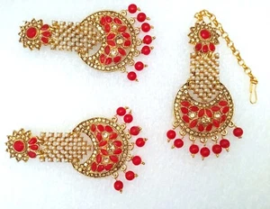 New Red Bridal Maang Tikka Earrings Set Kundan Pearl CZ Gold Tone Indian Jewelry - Picture 1 of 8