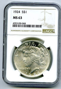 1924 $1 PEACE SILVER DOLLAR NGC MS 63  - UNCIRCULATED