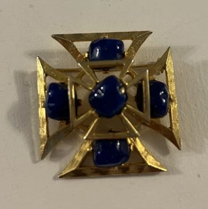 Vintage Benedikt NY Lapislazuli Malteser Doppelkreuz goldfarbene Brosche signiert 2 Zoll - Bild 1 von 7