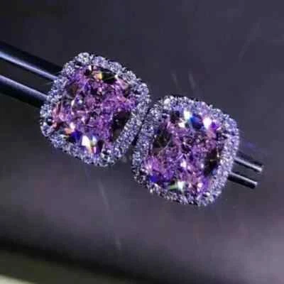 4 Ct Cushion Cut Lab Created Pink Sapphire Stud Earring 14K White Gold Plated - Image 1 of 4