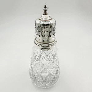 VINTAGE SUGAR CASTER STERLING SILVER & GLASS BIRMINGHAM 1982 W I BROADWAY & CO - Picture 1 of 6