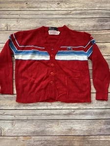 VINTAGE Lacoste Sweater kids 5 Red Izod 70s 80s Cardigan Crocodile USA Stripe - Picture 1 of 7