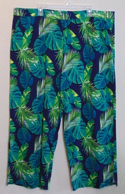 Pantalones de jersey de playa Denim & Co tejido pierna ancha 2X estampado de hojas tropicales azul marino y verde Foto 1 de 4