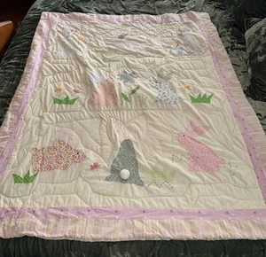Baby Bunny Rabbit Crib Quilt Throw Pink Blue Cream 48 x57” - Picture 1 of 11