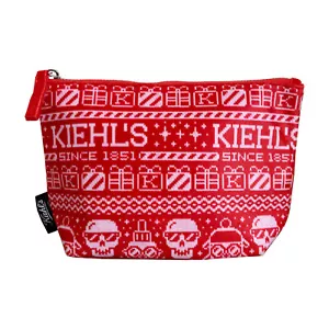 Kiehls Skull Christmas Cosmetic Bag Red Small Travel Zip Pouch Fair Isle Holiday - Picture 1 of 10
