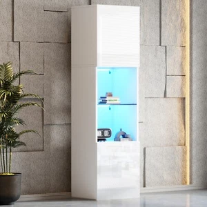 Hochschrank Vitrinenschrank Hochglanz Weiß Vitrine mit LED Beleuchtung Glasboden - Bild 1 von 14
