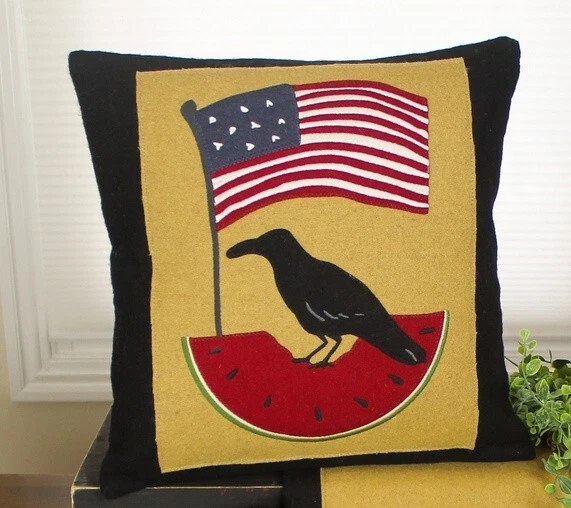 New Primitive Americana WATERMELON CROW PILLOW Stitched Wool Felt 14" - Image 1 of 1
